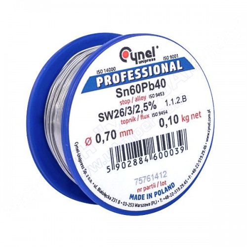 Припій Cynel Sn60Pb40-SW26 0.7мм 100г Припій Cynel Sn60Pb40-SW26 0.7мм 100г